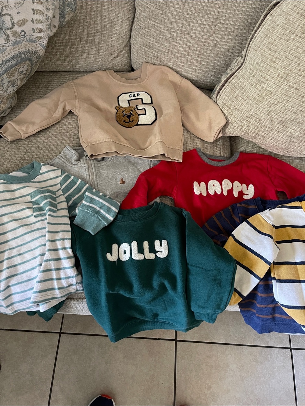 Target Beige Bear Patch Sweatshirt with Green 'JOLLY' and Red 'HAPPY' Kids Tops